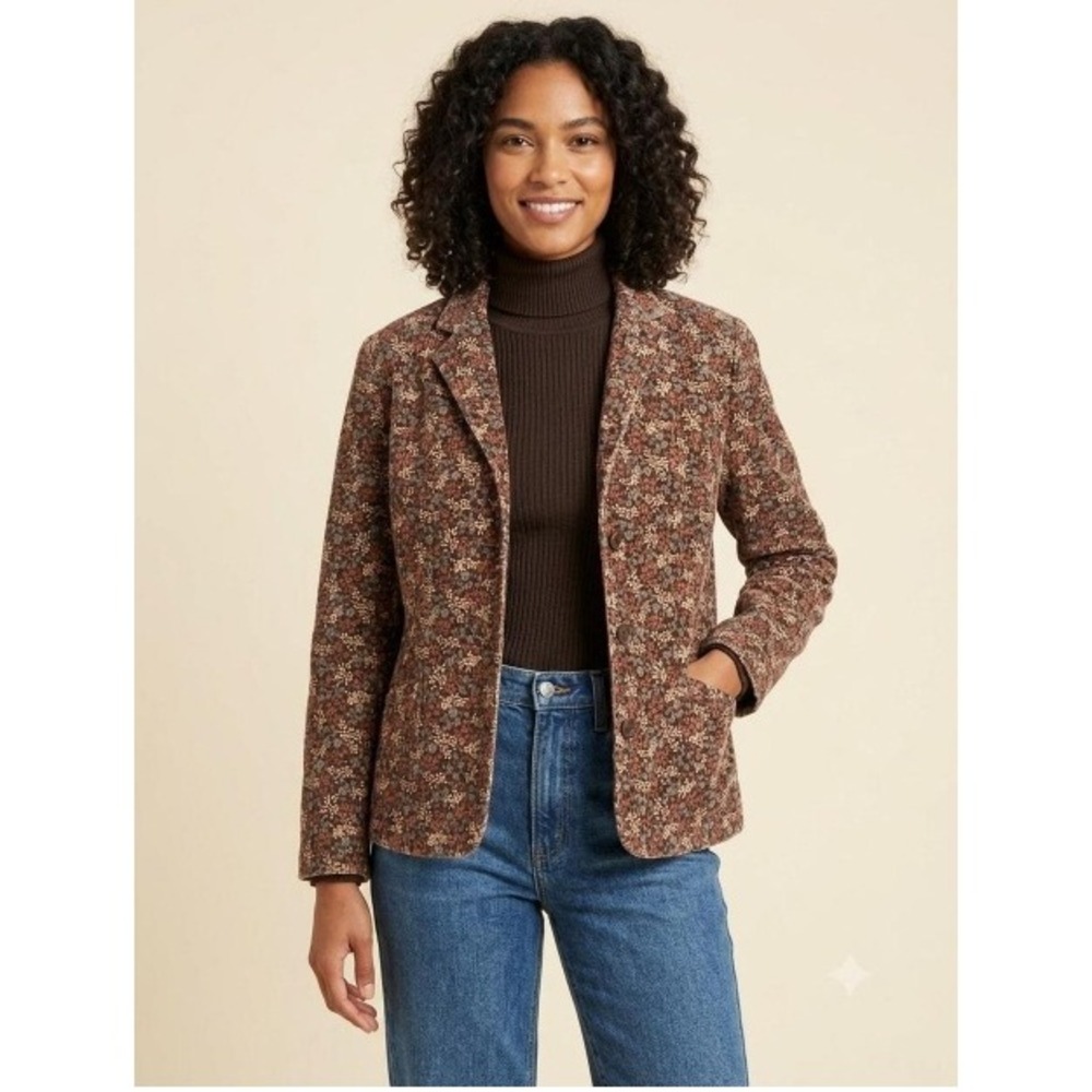 L.L.Bean Floral Corduroy 2-Button Blazer Jacket Womens Sz 16 Brown Pink Academia